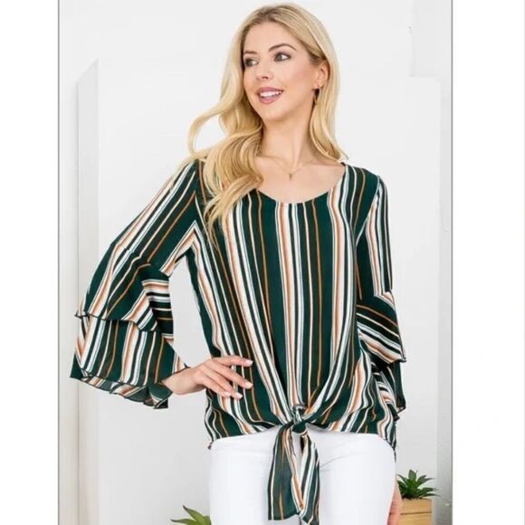 NEW Multi-Colored Tie Front Ruffled Long Sleeve Top - Picture 5 of 6